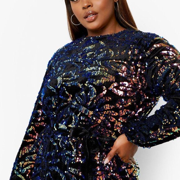 Boohoo Plus Dresses & Skirts - Plus Size Rainbow Sequin Belted Shift Dress
